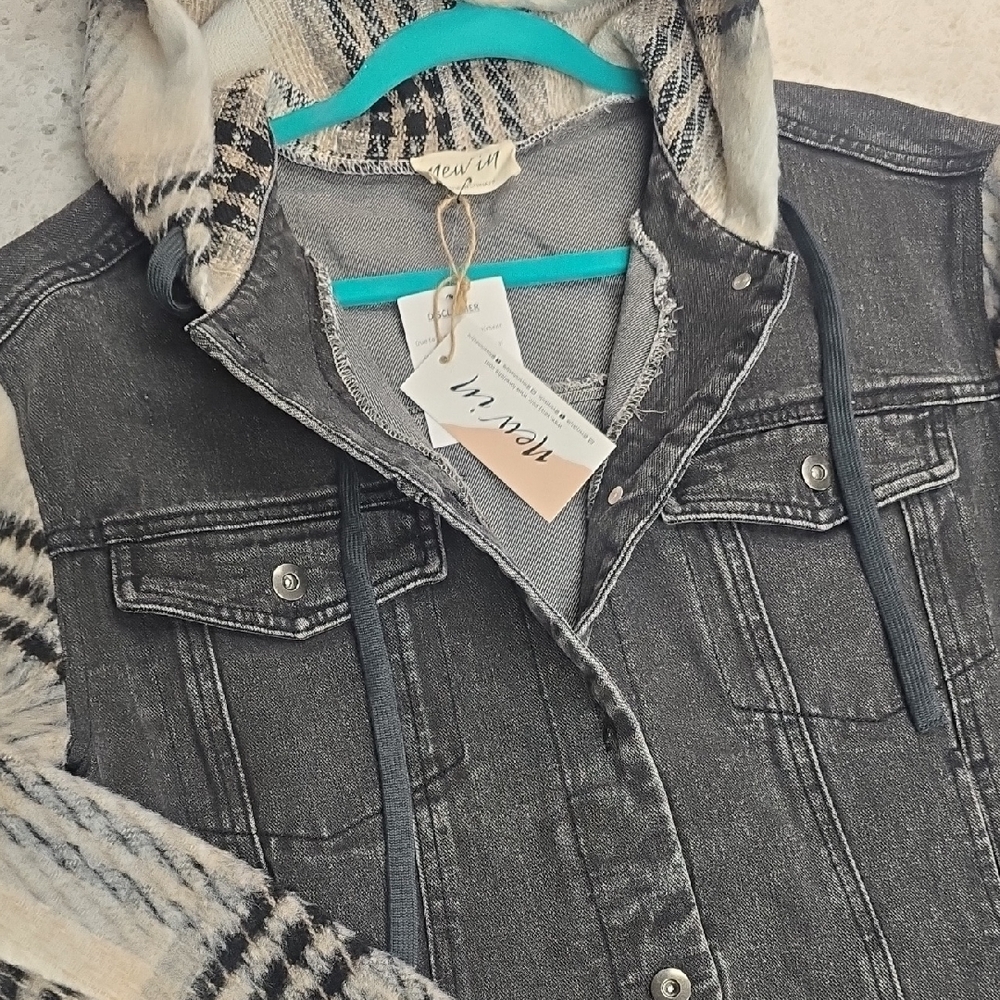 Women's Black Jean Jacket with Plaid Hood